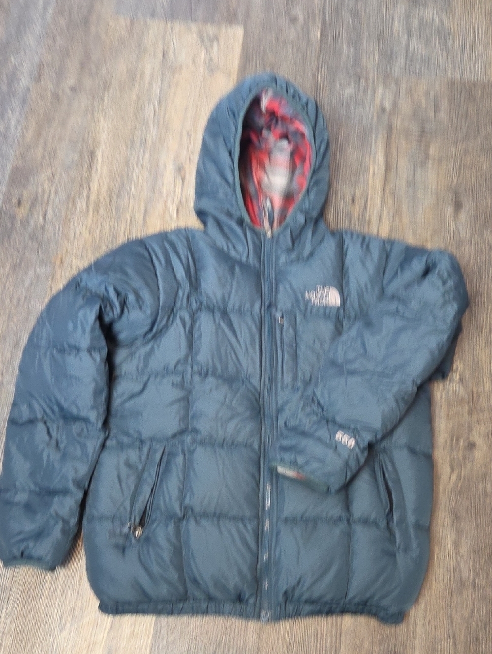 The North Face Dark Blue Reversible To Red Plaid Hooded Kids Puffer Jacket